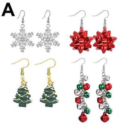 4 Pairs Christmas Earrings for Women Girls Christmas Bell Light Bulbs Hoop Earrings Christmas Tree Jingleball Snowflake Bow Flower Elk Dangle Earrings Christmas Party Jewelry Set Gift
