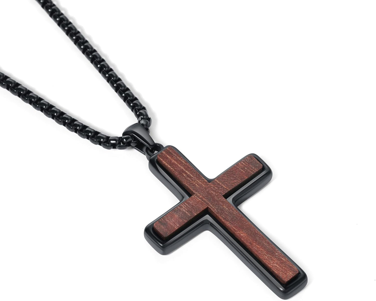 Wooden Cross Necklace for Men, Natural Sandalwood Inlaid with Black Stainless Steel Pendant, Mens Cross Necklaces Including 24 Inch Box Chain. Christmas Gifts for Husbands, Fathers, Sons, and Friends. ﻿