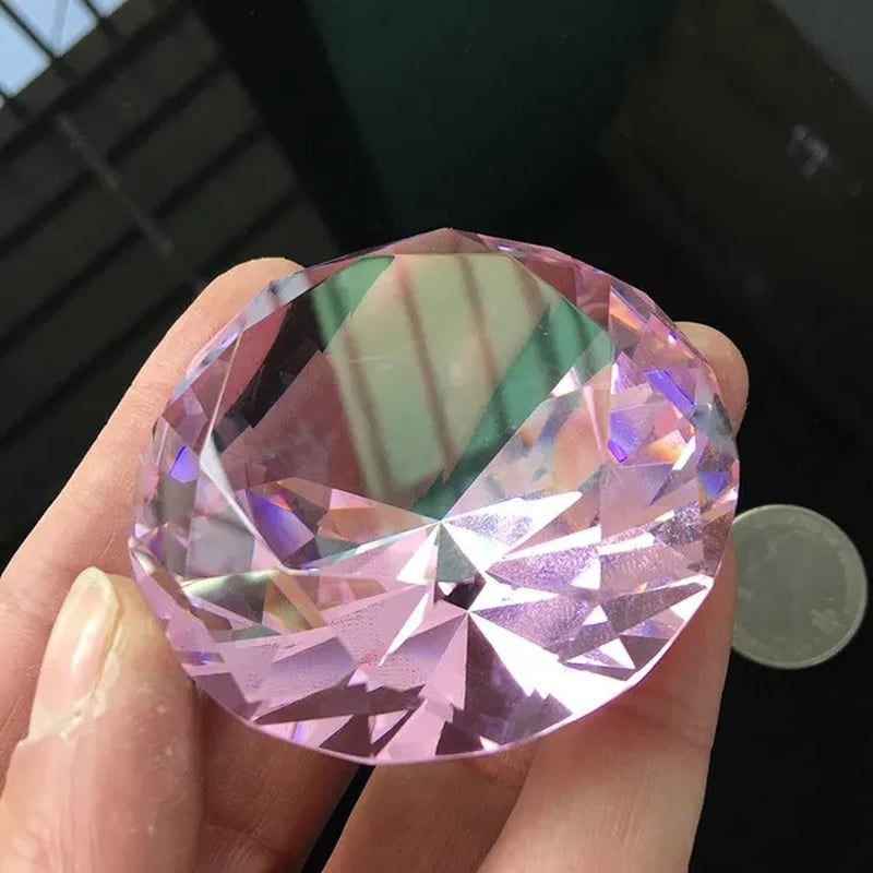 60mm Pink Crystal Yellow Diamond Ruby Glass Faceted Paperweight Display Jewelry