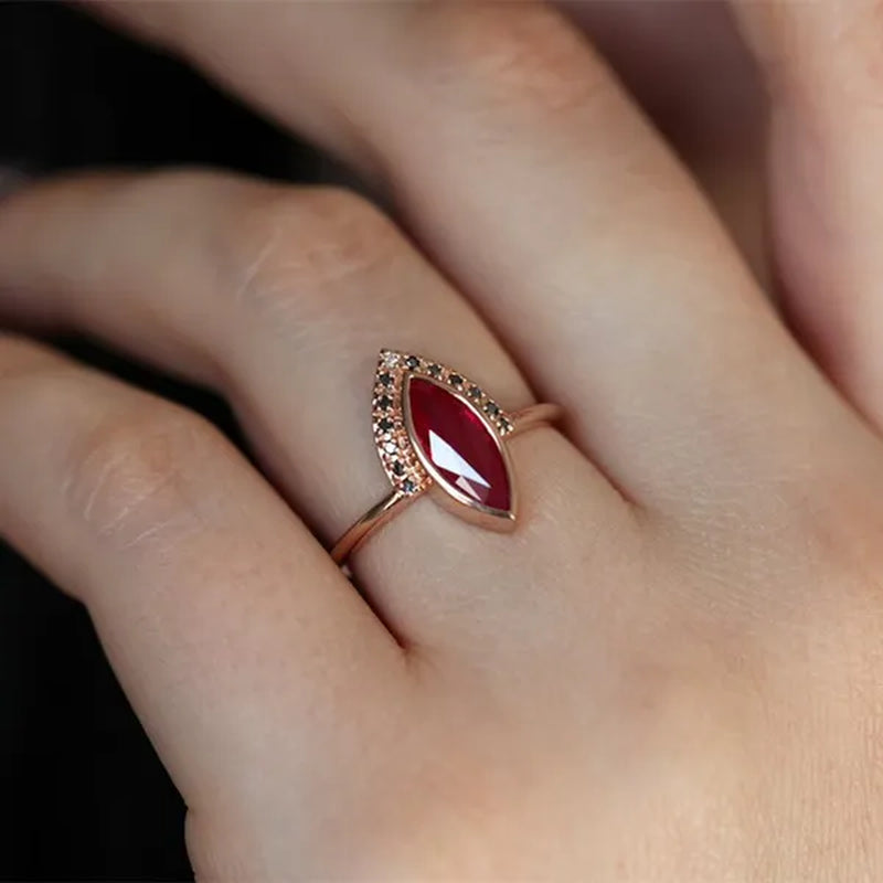 Unique Natural Rhombus 2 in 1 Ruby Engagement Ring Marquise Bridal Wedding Ring with Black Diamonds Women Ruby Ring Diamond Fine Jewelry Set （Size 5-11）