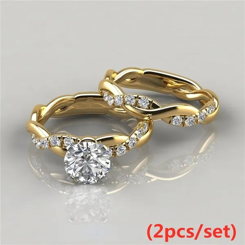 Women's Dainty  Twist Round Cut White Sapphire Ring Set Bridal Engagement Diamond Ring Wedding Band Anniversary Gift Banquet Party Jewelry Ring Size 5-11 - WORLD TIME VISITS