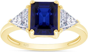 14K Gold Plated 925 Sterling Silver Emerald Cut Blue Sapphire with Trillion White Topaz Ring for Women Statement Jewelry, Mother'S Day Gift for Her