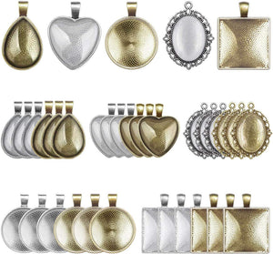 60Pcs Pendant Trays, Bezel Pendant Trays Blanks with Glass Cabochons for Pendants Making and Jewelry Making, 5 Styles