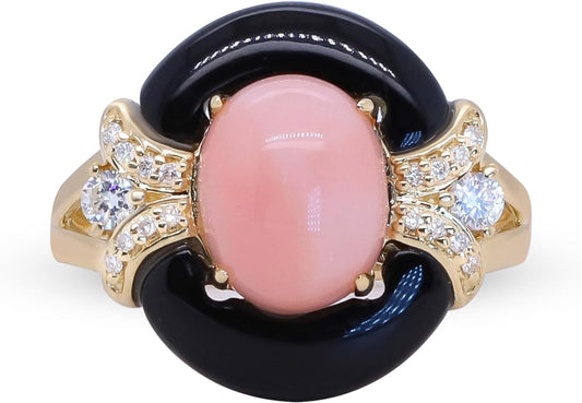 14K Yellow Gold Natural Pink Opal Ring with Diamonds for Women | Ethically, Authentically & Organically Sourced (Oval-Cut) Shaped Opal Hand-Crafted Jewelry for Her | Opal Ring for Women