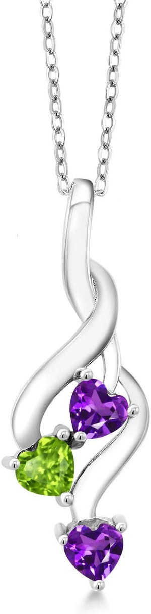 925 Sterling Silver Purple Amethyst and Green Peridot Pendant Necklace for Women (0.73 Cttw, Gemstone February Birthstone, Heart Shape 4MM, with 18 Inch Silver Chain)