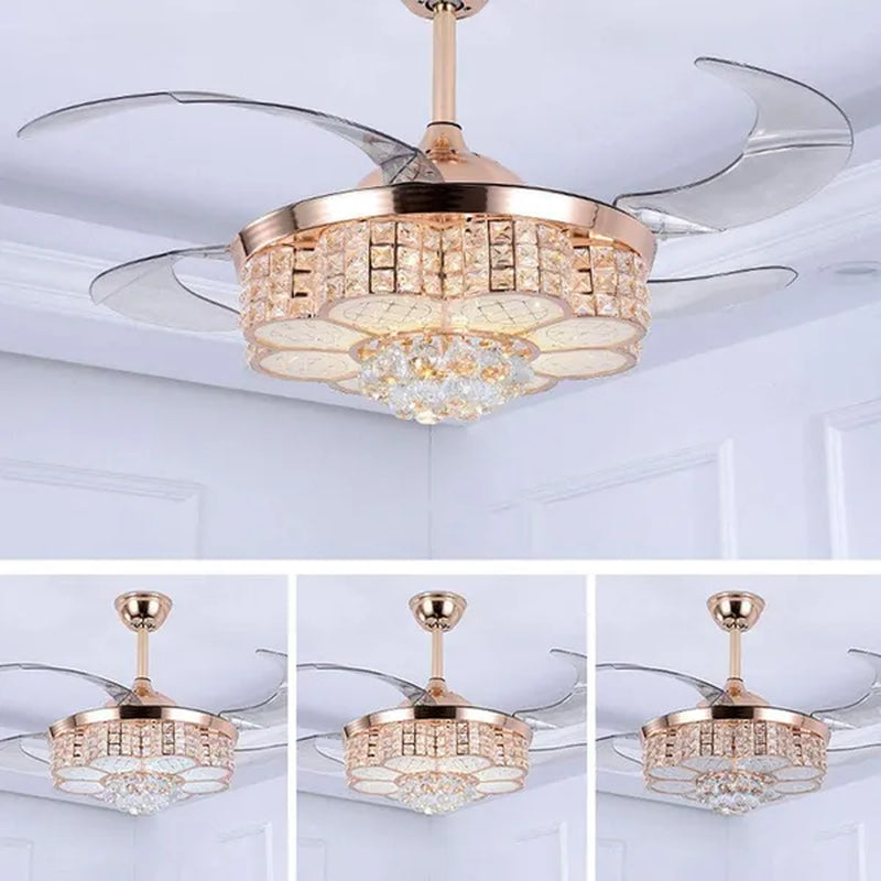 42inch  LED 4 Acrylic Crystal Chandelier Ceiling Light Automatic Retractable Crystal Fan Blade Ceiling Lamp