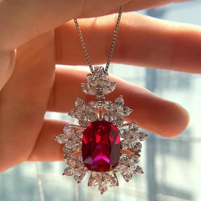 Fashion Women's 4 Prong Setting Oval Cut Ruby Pendant Side Stone Flower Lab Diamond Necklace Bridal Engagement Necklace Jewelry
