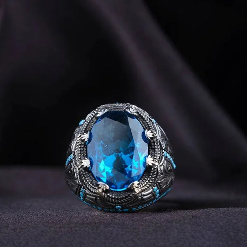 European and American Hot Selling Sapphire Retro Rings for Men, Antique Silver Inlaid Sapphires with Diamonds Luxury Fashion Men's Retro Rings, Classic Atmosphere, Party Business Casual Jewelry, Wedding Accessories, Anniversary Gifts