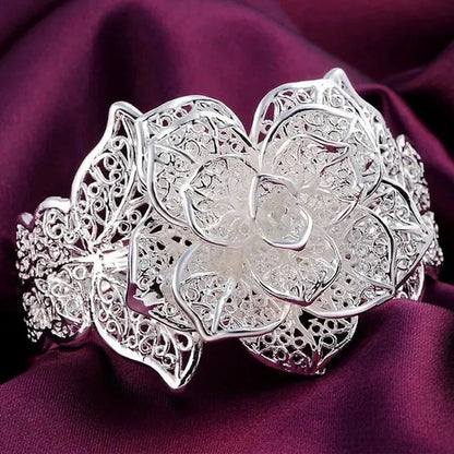 Exquisite 925 Sterling Silver Hollow Filigree Blooming Rose Flower Open Bangle Bracelet Charm Jewelry Gift