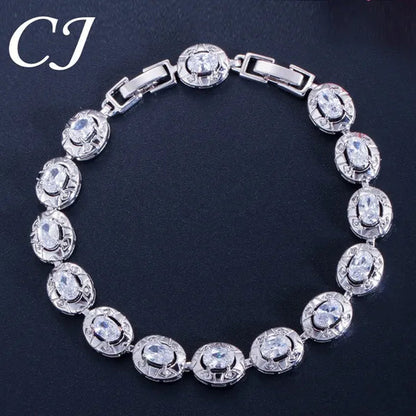 CANDICE Silver Plated Link Chain Bracelets Round Green Crystal Fashion Jewelry For Lady（Extended Clasp）