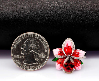 Girl'S Beautiful Red Enamel Rose Ring for Women Blossom Flower Rings with Pear Cut Cubic Zirconia Cocktail Summer Ring RA627