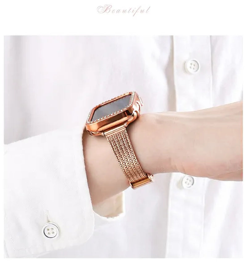 Slim Metal mesh belt Loop+Diamond Case for Apple Watch 7 Band 42mm 44mm Women's Strap on Smart Iwatch Bracelet Series 7 SE 65432 41mm 45mm