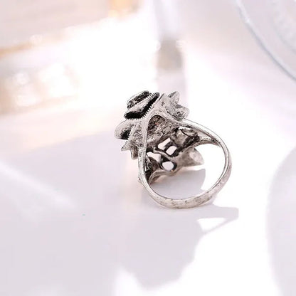 Retro Black Rose Flower Ring Marcasite Stones Paved Silver ring size 6 - 10
