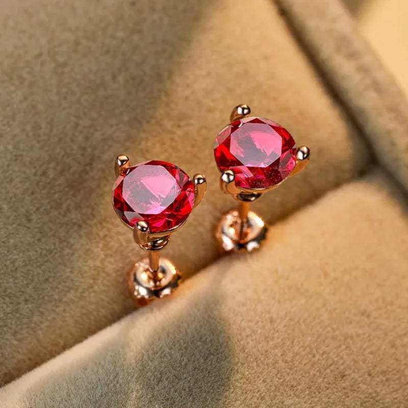 18K Gold Three-Prong Martini Round Ruby Stud Earrings Bride Wedding Engagement Jewelry Gifts 7mm/8mm