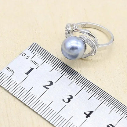 1/4Pcs Women Wedding Jewelry Set Gray Pearl Silver Color Bracelet Earring Necklace Pendant Ring Birthday Gift