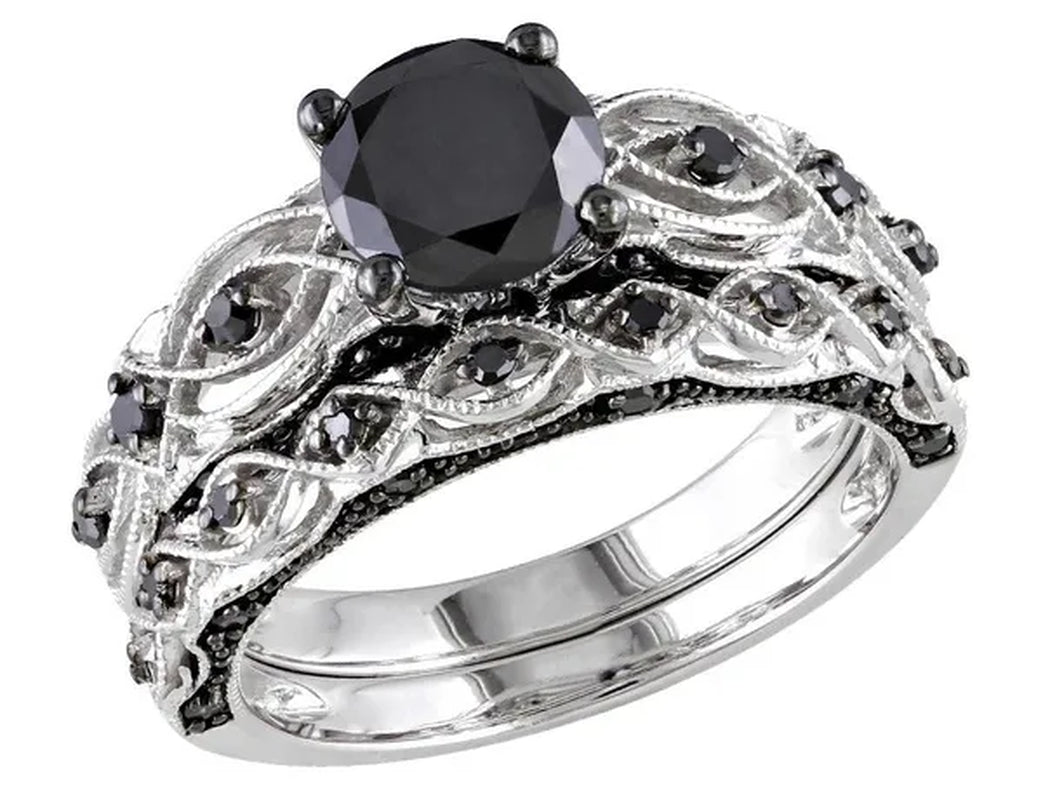 1.39 Carat (ctw) Black Diamond Engagement Ring and Wedding Band Set in 10K White Gold