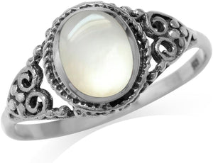 White Mother of Pearl Inlay 925 Sterling Silver Filigree Victorian Style Ring Size 7