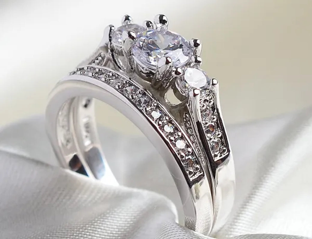 Sz6-9 10kt Wedding&Engagement Ring Bridal set White Gold Filled Three Stone CZ Lady Band