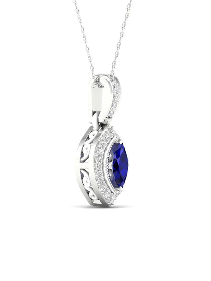 Gemstone 10K White Gold Marquise Cut Blue Sapphire 1/20 CT TW Diamond Halo Pendant Necklace