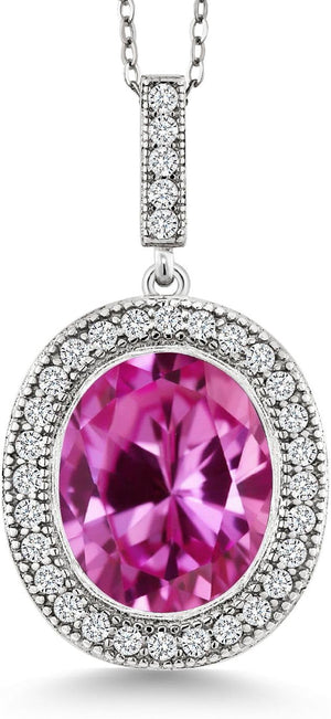 925 Sterling Silver Oval Gemstone Birthstone Halo Necklace for Women | Oval 12X10MM | Halo Pendant Necklace for Women | with 18 Inch Silver Chain