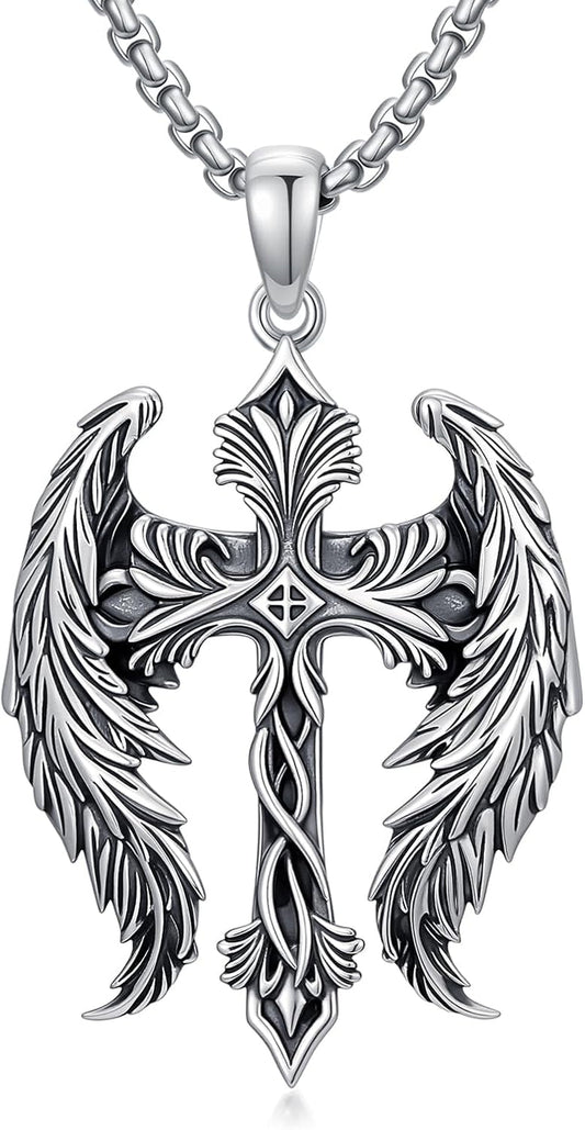 Cross Wings Necklace for Men Women S925 Sterling Silver Guardian Angel Wings Cross Pendant Necklaces Gifts for Men Angel'S Wing Jewelry Birthday Gift 20+2 Inch Stainless Steel Chain