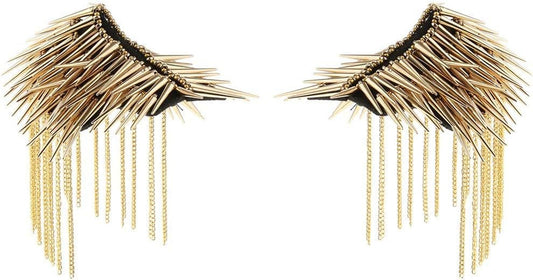 1 Pair Shoulder Epaulet Crystal Rhinestone Punk Rivet Tassels Shoulder Board Arm Badge Brooch Gifts - Golden