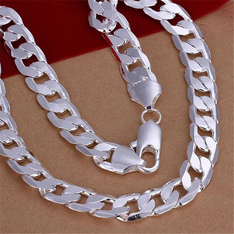 High Quality 925 Sterling Silver 12MM Width Male Jewelry 925 Solid Silver Fashion Jewelry Men Curb Chain Necklace Bracelet 8-30 Inches