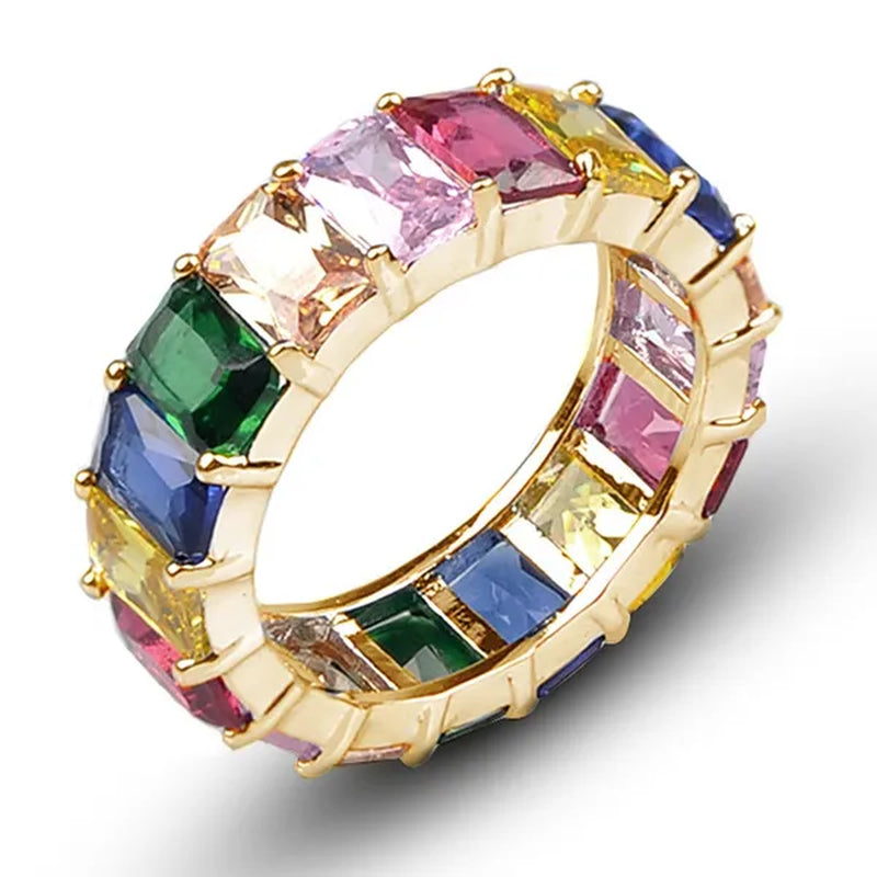 Silver Ring Colored Square Rainbow Ring Statement Crown Ring Natural Gemstones Ring Wedding Bride Engagement Band Charm Party Ring Jewelry