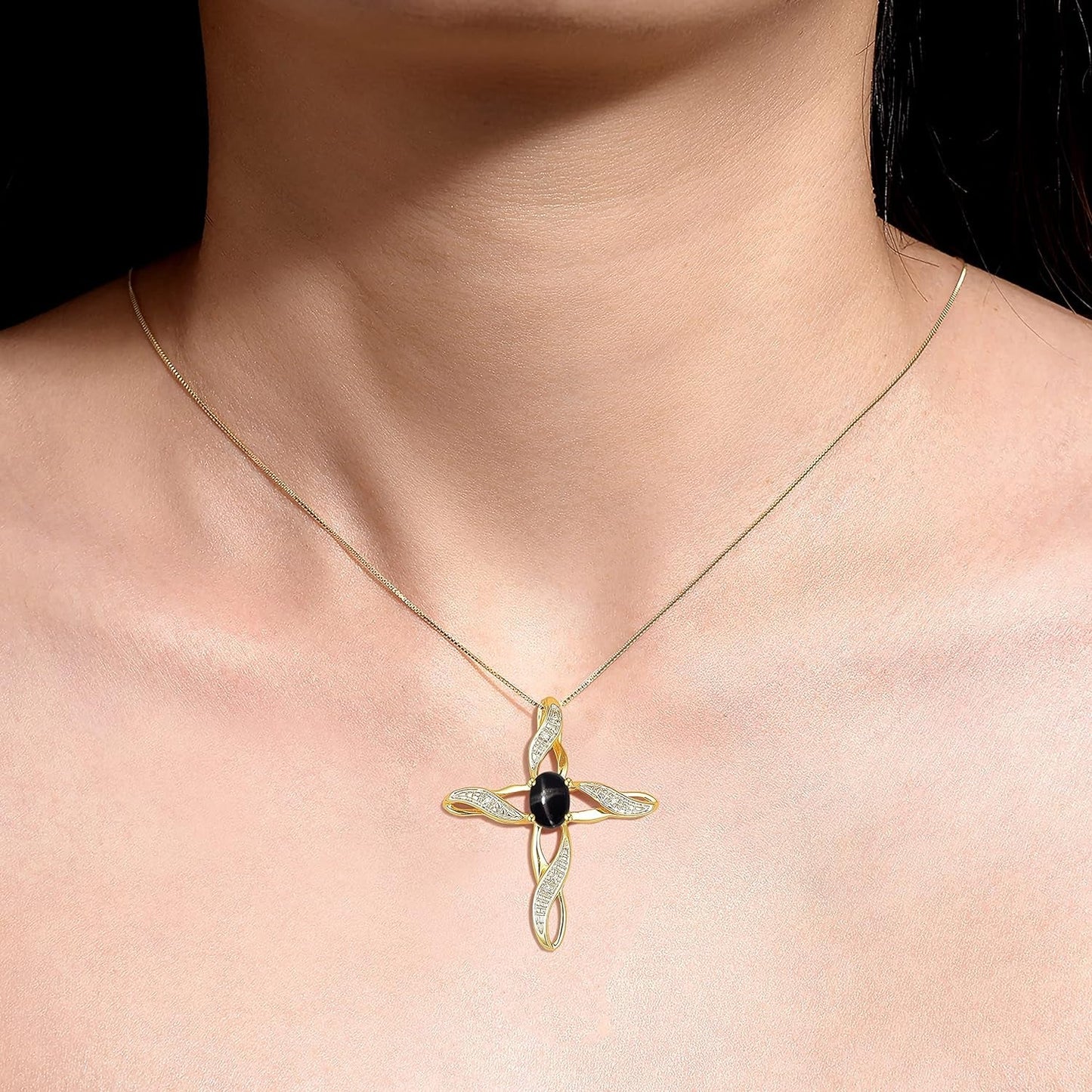 Necklaces for Women Yellow Gold Plated Silver 925 Cross Necklace with Gemstone & Diamonds Pendant with 18" Chain 7X5MM Birthstone Womens Jewelry Silver Necklace for Women Diamond Necklaces for Women
