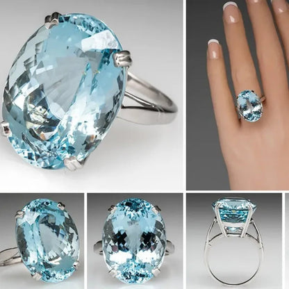 Women's Oval Cut Aquamarine 925 Silver Plated Ring Party Jewelry Gifts Size 6-10
