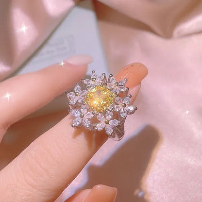 Womens Ladies Citrine Gemstone Bling Crystal Flower Design Crown Ring Adjustable Open Ring Wedding Party Ring Jewelry