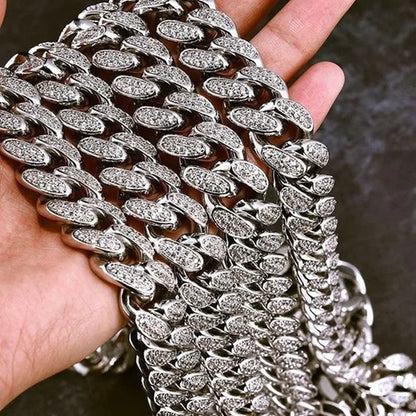 1pc Iced Out Bling Rhinestone Crystal Gold Finish Miami Cuban Link Chain Diamond Gold/925 Silver Men's Hip Hop Necklace or Bracelet Jewelry 8/20/24/28 Inch
