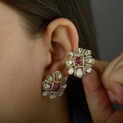Solid 18K Yellow Gold Genuine Cabochon Ruby Diamond Art Deco Stud Earrings Certified Polki Diamond Earrings for Women