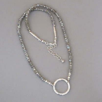 Mystic Labradorite Necklace Sterling Silver Hammered Circle of Life DJStrang Boho Gemstone Wedding Bride Bridesmaid Gift Sundance Style