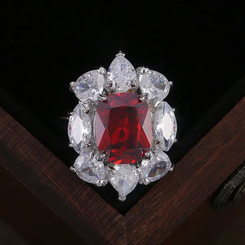 Luxury 925 Sterling Silver Natural Ruby Diamond Ring Bridal Wedding Engagement Fine Jewelry Size 6-10