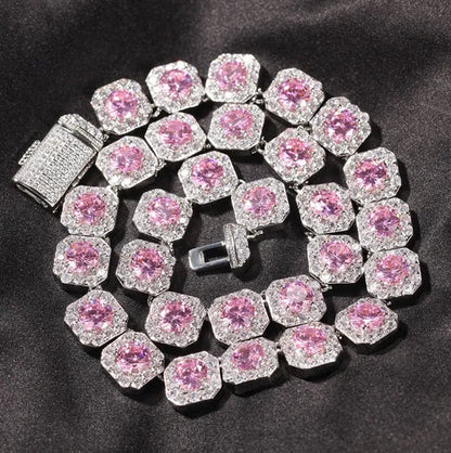 Hip-Hop Copper Inlaid Zircon Crystal Sugar Necklace Hipster Personality Pink Yellow Diamond Necklace for Men and Women with the Same Paragraph