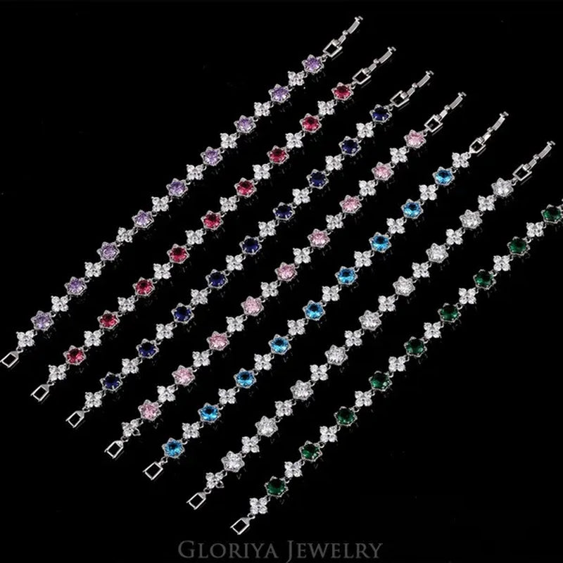 Gloriya Elegant Goddess Silver Plated Link Bracelet Cluster Flower Shape White and Blue AAA Grade Zircon Charm Tennis Bracelet for Women