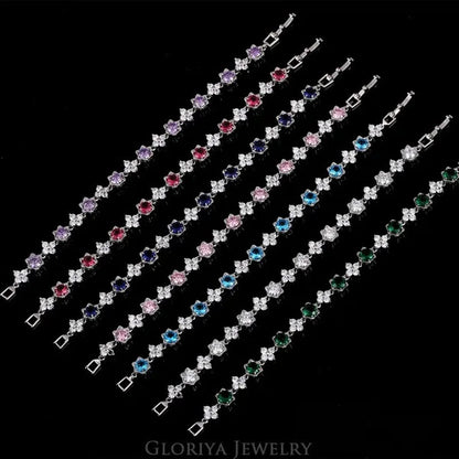 Gloriya Elegant Goddess Silver Plated Link Bracelet Cluster Flower Shape White and Blue AAA Grade Zircon Charm Tennis Bracelet for Women