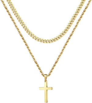 Valentines Gifts for Him - 18K Gold Plated Cross Necklaces Chain for Men Boys Gifts, Silver Rope Chain Layered Necklace Jewelry 16 18 20 22 24 Inch