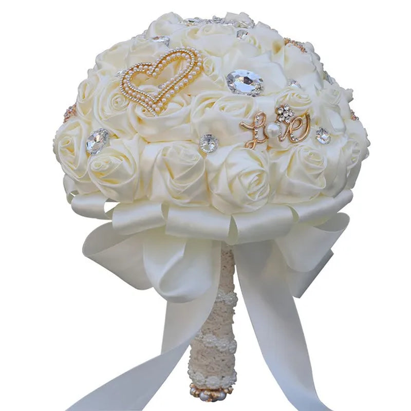21CM Silk Rose Wedding Flower Bouquet Pearl Rhinestone Brooch Bouquet Bride Bridesmaid Holding Flowers Wedding Party Shooting Props