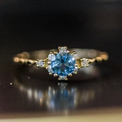 Women Dainty Seablue Sapphire Gemstone Diamond 18k gold plated  plated Rings Wedding Engagement Courtship Ring Accessories