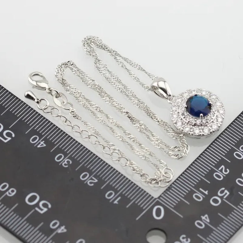 Blue White Topaz Silver Color Jewelry Sets for Women Engagement Necklace Pendant Bracelets Earrings Rings  Gift Box