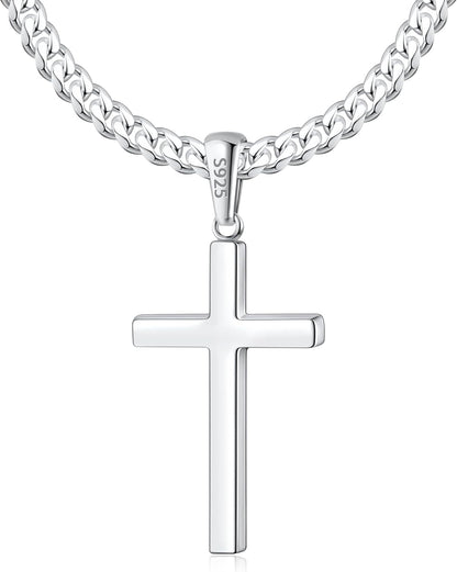 S925 Sterling Silver Thick Cross Necklace for Men, 18K Gold Plated Sterling Silver Cross Necklace with World'S Top 4Mm Cuban Chain for Men Boys Women, Minimalist Trendy Necklaces 16-26 Inch