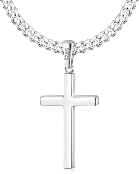 S925 Sterling Silver Thick Cross Necklace for Men, 18K Gold Plated Sterling Silver Cross Necklace with World'S Top 4Mm Cuban Chain for Men Boys Women, Minimalist Trendy Necklaces 16-26 Inch