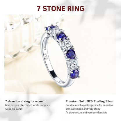 925 Sterling Silver Birthstone Rings for Women White Sapphire Created Gemstone Wedding Band Stackable Half Eternity 7 Stone Anniversary Ring Wife Mom Grandma Birthday Jewelry Size 6-10