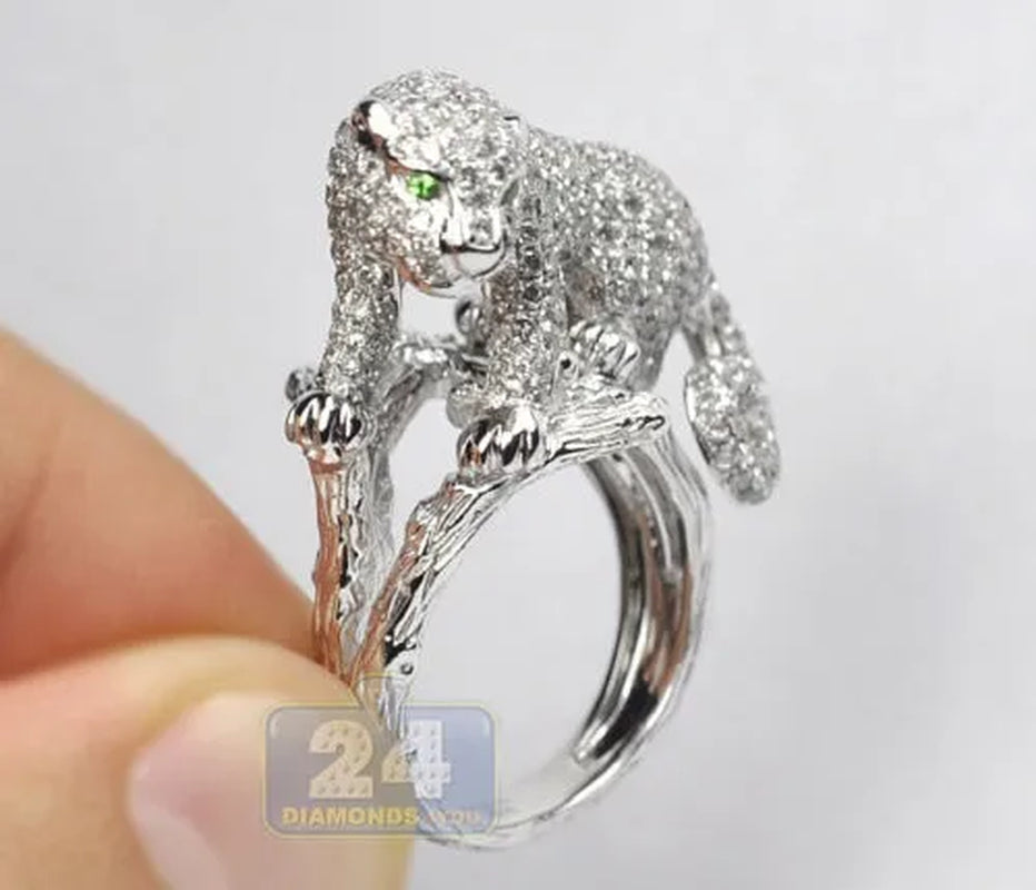 925 Sterling Silver Natural Gemstone Ring White Sapphire Diamond Pave Panther Cat Men Womens Ring Brand Jewelry