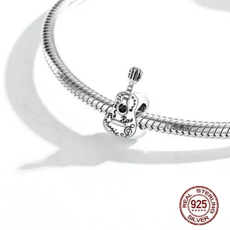 Fashion 925 Sterling Silver Simple Guitar Charm Fit Original Bracelet Diy