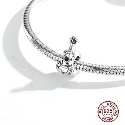 Fashion 925 Sterling Silver Simple Guitar Charm Fit Original Bracelet Diy