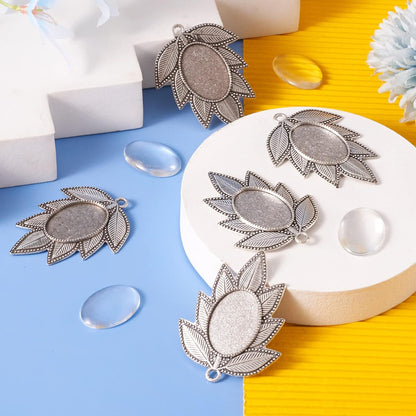 Pandhall 6 Set Leaf Tibetan Antique Silver Alloy Pendant Cabochon Bezel Settings with Clear Glass Cabochons, Trays: 18X25Mm