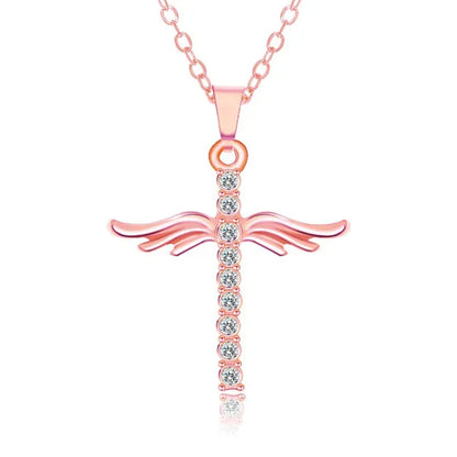 Women's Fashion 18 K Gold Fashion Cross Diamond Pendant Necklace Angel Diamond Necklace